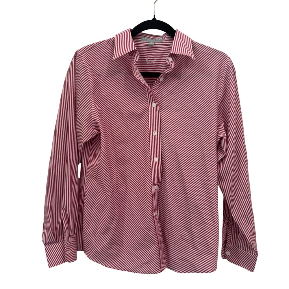Foxcroft Wrinkle Free Button Down Pink White Striped Petite Career Sz 8P Preppy